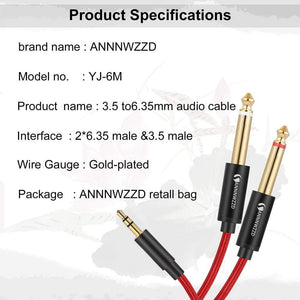Planet Gates Jack Cable 3.5mm to Double 6.35mm Aux Cable 2mono 6.5 Jack to 3.5 Male for Mixer Amplifier Speaker 6.5mm 3.5 Jack Splitter Cable