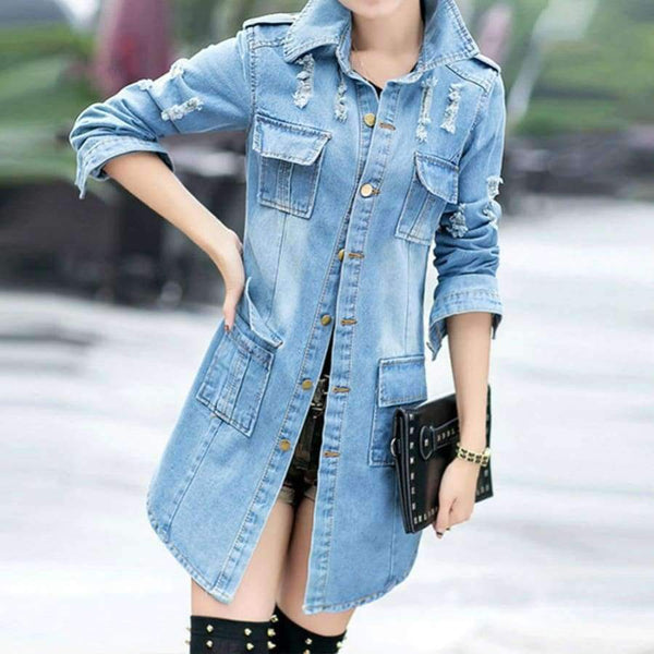 Planet Gates Jacket Korean Female Jacket Classic Blue Denim Coat Relaxed Fit Tops Long Sleeve Jean Outwear long Denim Jacket Women