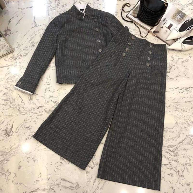 Planet Gates jacket / S Women pants sets 2018 autumn long sleeve jacket and wide leg pants suits women striped sets