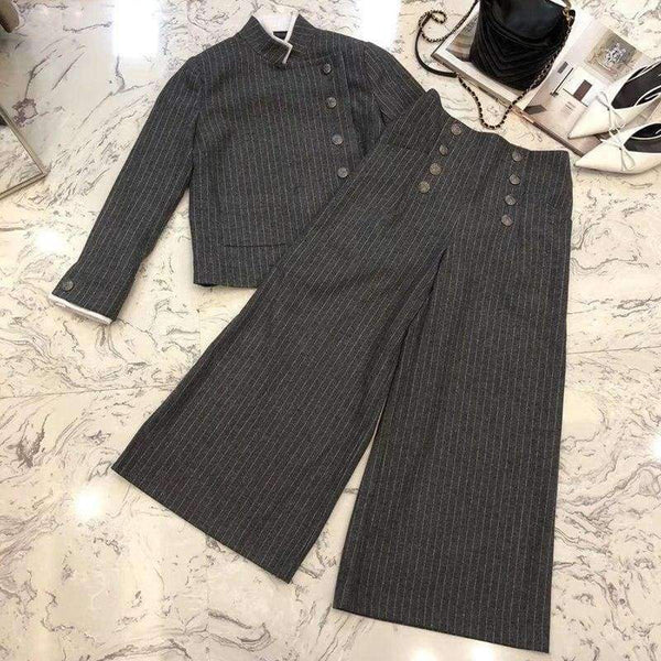 Planet Gates jacket / S Women pants sets 2018 autumn long sleeve jacket and wide leg pants suits women striped sets