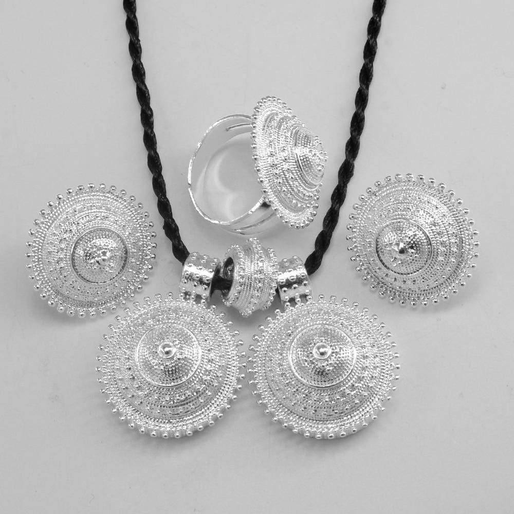Planet Gates Jewelry Pendant Rope Earring Ring Bright Silver Color Eritrea Africa Wedding sets Habesha #056206