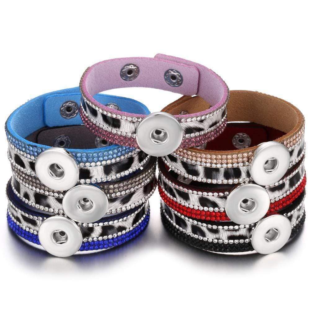 Planet Gates Jewelry Rhinestone Leopard Leather 18mm Snap Button Bracelet Couple Punk Leather Bracelet Armband Snap Jewelry