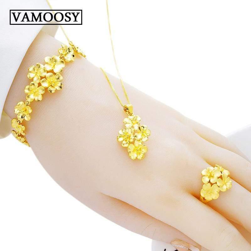 Planet Gates Jewelry Set 100% 24K Gold Plum Blossom Design Open Rings,necklaces,bracelets for Women Dubai Jewelry Sets