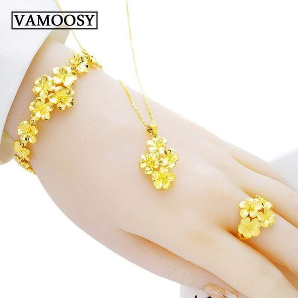 Planet Gates Jewelry Set 100% 24K Gold Plum Blossom Design Open Rings,necklaces,bracelets for Women Dubai Jewelry Sets