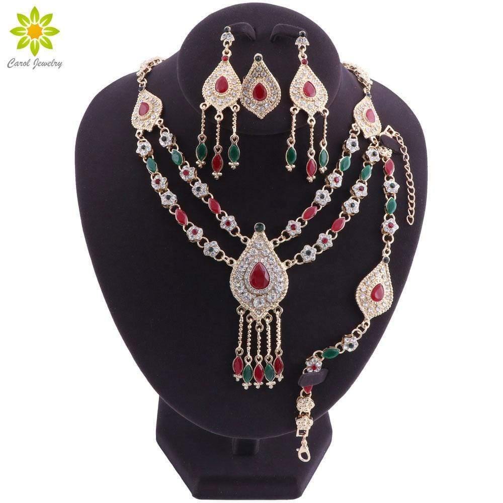 Planet Gates Jewelry Set Red Green Crystal Dubai Bridal Gold Color Necklace Sets Party Indian Jewellery