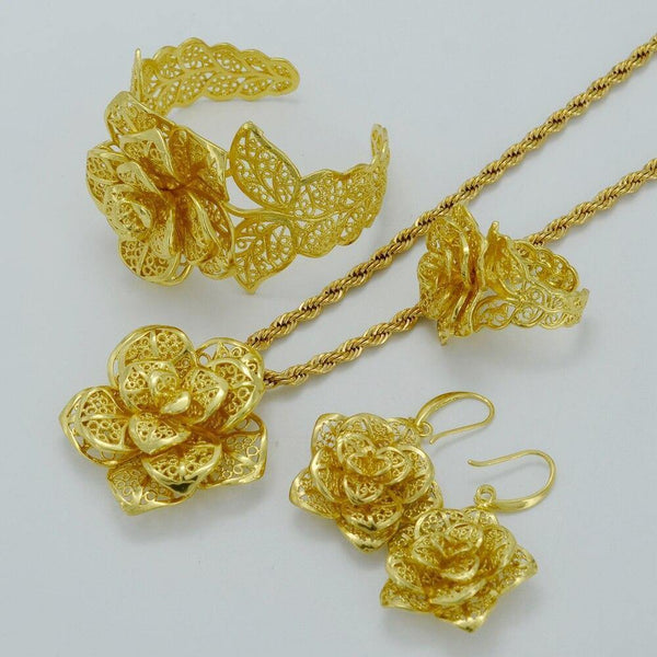Planet Gates Jewelry sets Gold Color Bridal Wedding sets Necklace Earrings Bangle Ring Ethiopian/Africa/Arabia Items #020906