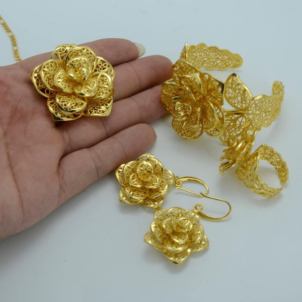 Planet Gates Jewelry sets Gold Color Bridal Wedding sets Necklace Earrings Bangle Ring Ethiopian/Africa/Arabia Items #020906