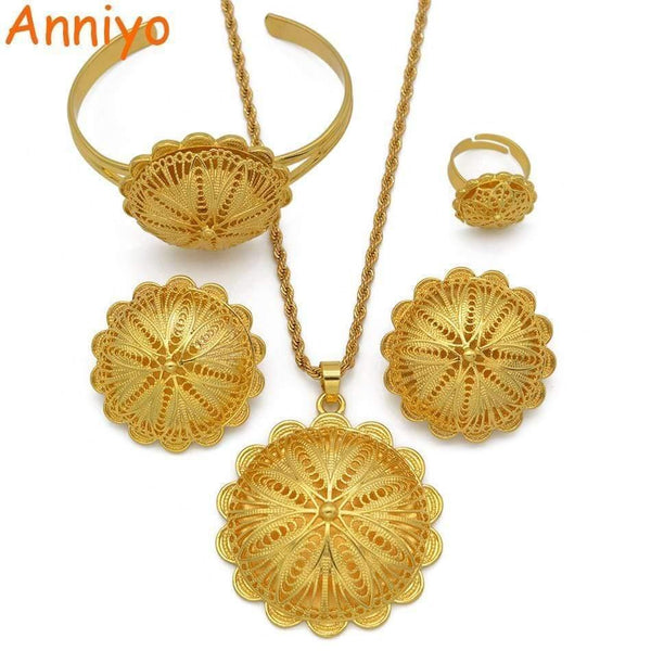 Planet Gates Jewelry sets Pendant Necklaces Earrings Ring Bangles for Womens Gold Color Eritrean African Bride Gifts #207506