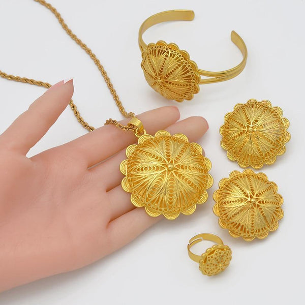 Planet Gates Jewelry sets Pendant Necklaces Earrings Ring Bangles for Womens Gold Color Eritrean African Bride Gifts #207506