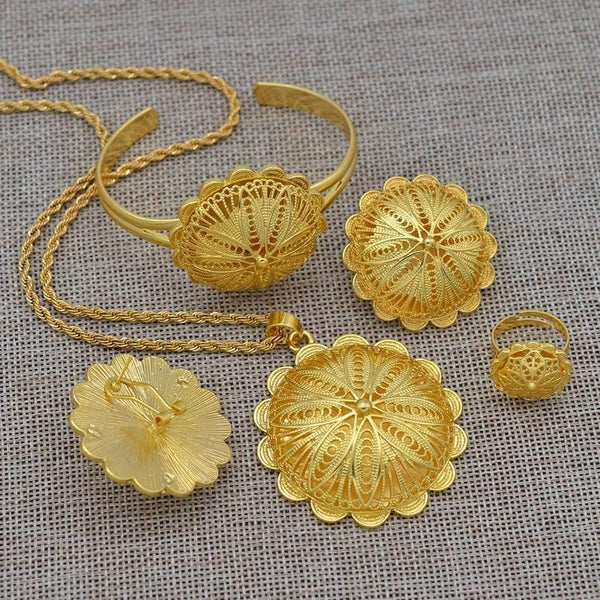 Planet Gates Jewelry sets Pendant Necklaces Earrings Ring Bangles for Womens Gold Color Eritrean African Bride Gifts #207506