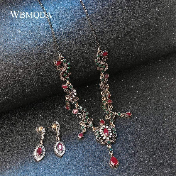 Planet Gates Jewelry Sets Vintage Red Necklace Bracelet Earrings Ring Set Indian Crystal Antique Gold Wedding Jewellery