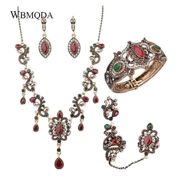 Planet Gates Jewelry Sets Vintage Red Necklace Bracelet Earrings Ring Set Indian Crystal Antique Gold Wedding Jewellery