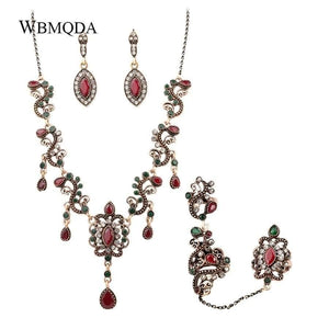 Planet Gates Jewelry Sets Vintage Red Necklace Bracelet Earrings Ring Set Indian Crystal Antique Gold Wedding Jewellery