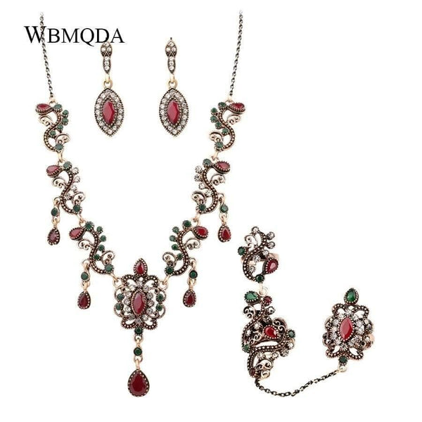 Planet Gates Jewelry Sets Vintage Red Necklace Bracelet Earrings Ring Set Indian Crystal Antique Gold Wedding Jewellery