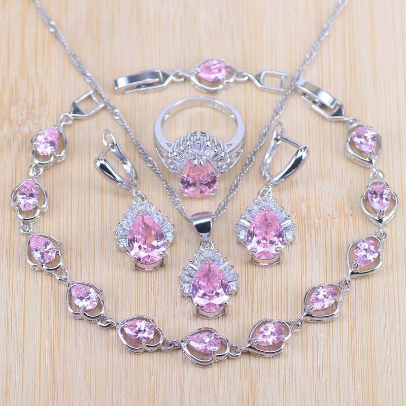 Planet Gates Jewelry Sets Water Drop Cubic Zirconia CZ Stone 925 Sterling Silver Earrings Necklaces Rings Bracelet Set