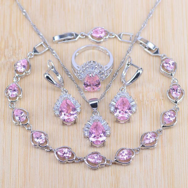Planet Gates Jewelry Sets Water Drop Cubic Zirconia CZ Stone 925 Sterling Silver Earrings Necklaces Rings Bracelet Set