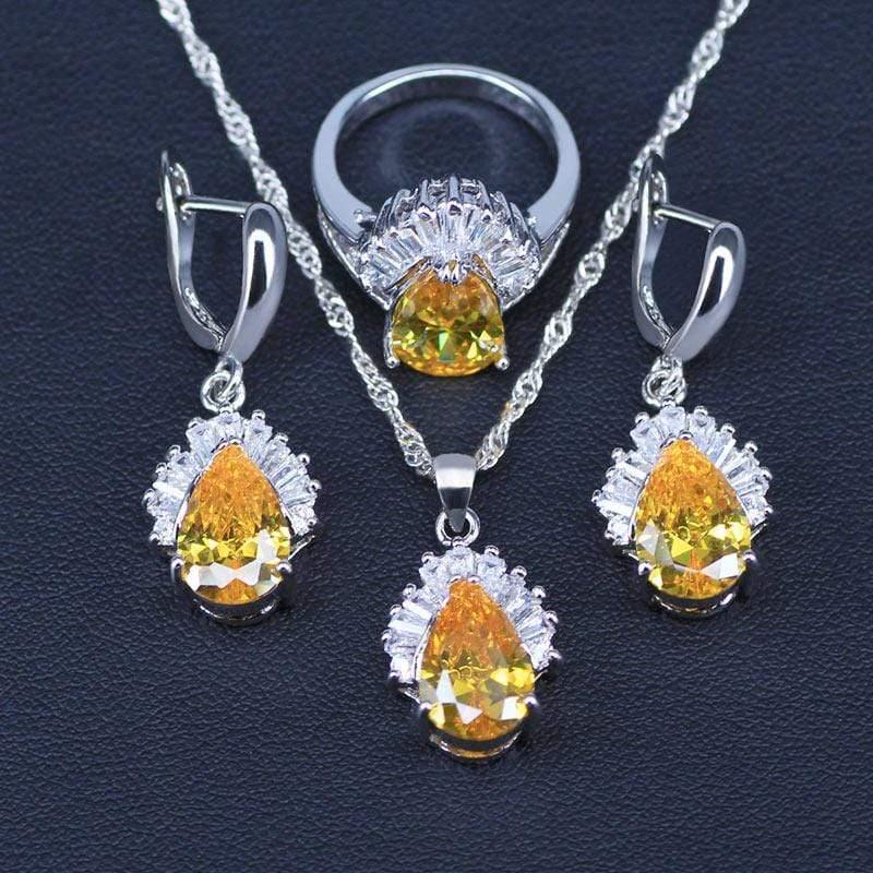 Planet Gates Jewelry Sets Water Drop Cubic Zirconia CZ Stone 925 Sterling Silver Necklace Earrings Necklaces Finger Rings