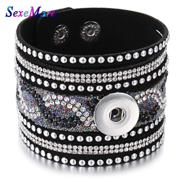 Planet Gates Jewelry Wide Multilayer Crystal Rivet Leather Snap Bracelet 18mm Snap Button Bracelet DIY Buttons Jewelry For Women