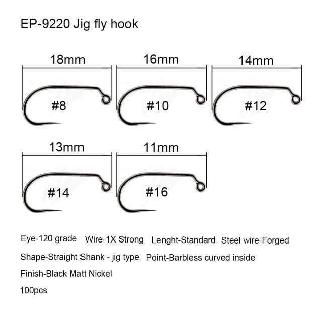 Planet Gates Jig fly hook 9220 / 1 100pcs Competition Fly Fishing Hook Barbless No Barb hook Fishing Dry Nymph Shirmp Wet Caddis Fly Hook Black Nickle New
