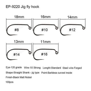 Planet Gates Jig fly hook 9220 / 1 100pcs Competition Fly Fishing Hook Barbless No Barb hook Fishing Dry Nymph Shirmp Wet Caddis Fly Hook Black Nickle New