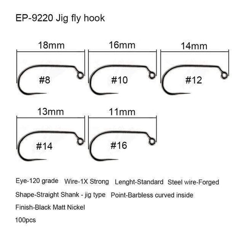 Planet Gates Jig fly hook 9220 / 1 100pcs Competition Fly Fishing Hook Barbless No Barb hook Fishing Dry Nymph Shirmp Wet Caddis Fly Hook Black Nickle New