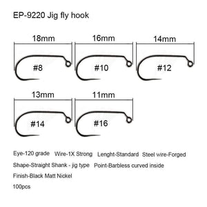 Planet Gates Jig fly hook 9220 / 1 100pcs Competition Fly Fishing Hook Barbless No Barb hook Fishing Dry Nymph Shirmp Wet Caddis Fly Hook Black Nickle New