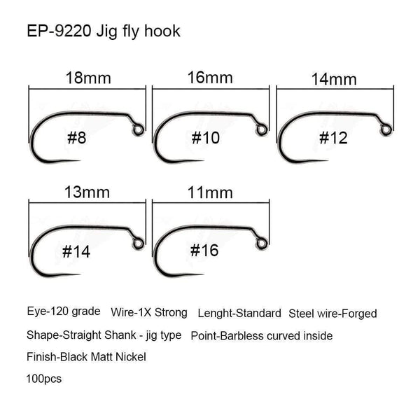 Planet Gates Jig fly hook 9220 / 1 100pcs Competition Fly Fishing Hook Barbless No Barb hook Fishing Dry Nymph Shirmp Wet Caddis Fly Hook Black Nickle New