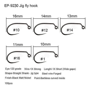 Planet Gates Jig fly hook 9230 / 3 100pcs Competition Fly Fishing Hook Barbless No Barb hook Fishing Dry Nymph Shirmp Wet Caddis Fly Hook Black Nickle New