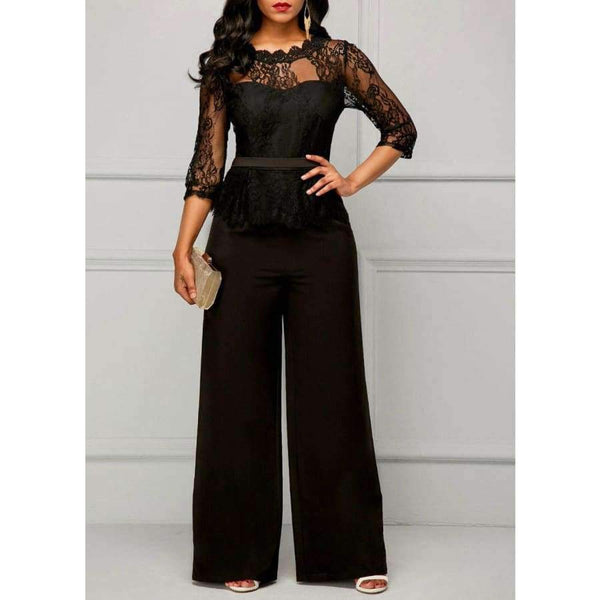 Planet Gates Jumpsuits for women Sexy High Waist Palazzo 3/4 Sleeve One Piece Lace Peplum Jumpsuit With Long Wide Leg Pant Three Quarter