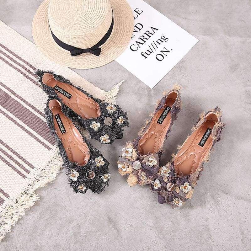 Planet Gates Khaki / 37 Ladies Shoe 2018 Butterfly-knot Crystal Ballerinas Fashion Women Fringe Denim Ballet Flats Basic Shallow Women Flats size 34-38