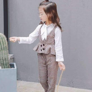 Planet Gates Khaki / 3T Autumn Girls Clothing Sets Kids Plaid Suspenders Vest Jackets+Pant 2pcs/sets Tracksuit Children teenage England Suit Sport Suit
