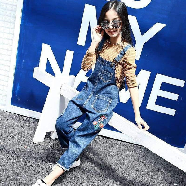 Planet Gates Khaki / 4T Enfant Fille Teenage Girls Clothes Set For 5 6 7 8 9 10 11 12 13 Years Striped T Shirt + Embroidery Denim Overalls