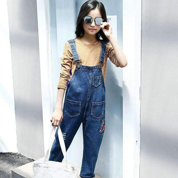 Planet Gates Khaki / 4T Enfant Fille Teenage Girls Clothes Set For 5 6 7 8 9 10 11 12 13 Years Striped T Shirt + Embroidery Denim Overalls