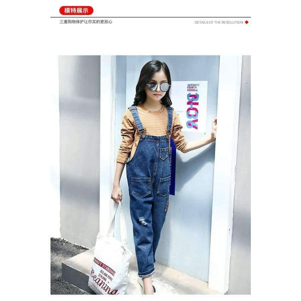 Planet Gates Khaki / 4T Enfant Fille Teenage Girls Clothes Set For 5 6 7 8 9 10 11 12 13 Years Striped T Shirt + Embroidery Denim Overalls