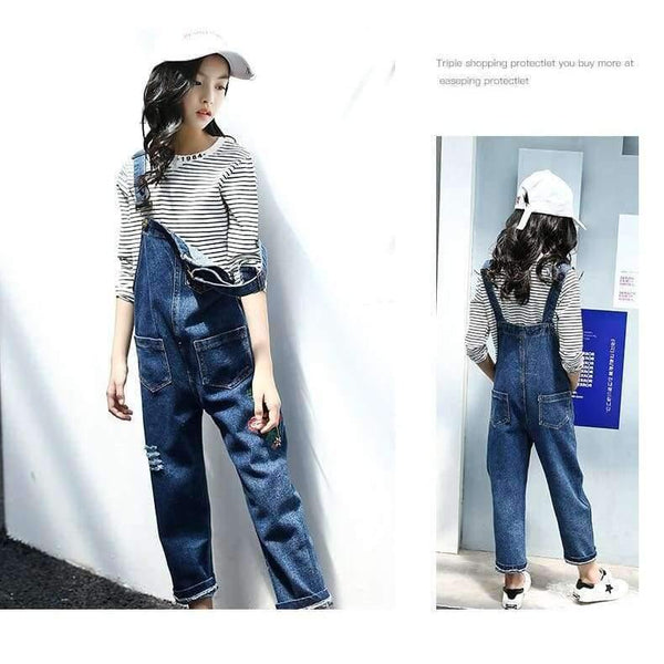 Planet Gates Khaki / 4T Enfant Fille Teenage Girls Clothes Set For 5 6 7 8 9 10 11 12 13 Years Striped T Shirt + Embroidery Denim Overalls