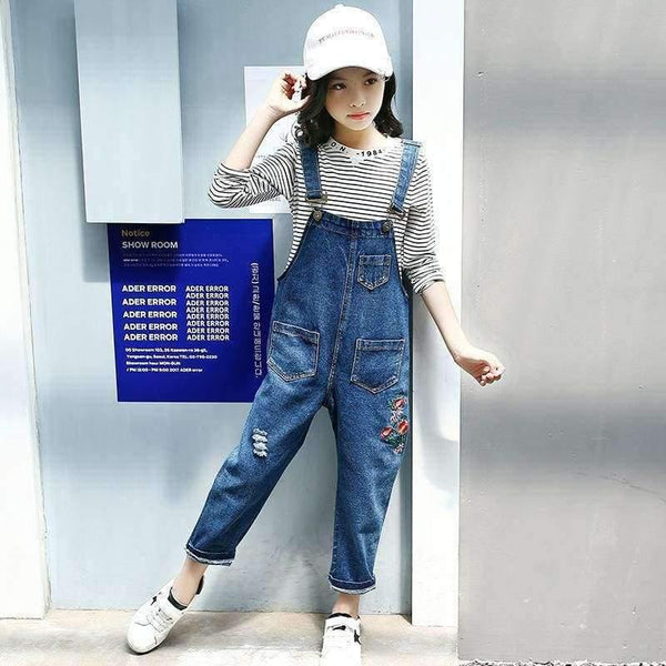 Planet Gates Khaki / 4T Enfant Fille Teenage Girls Clothes Set For 5 6 7 8 9 10 11 12 13 Years Striped T Shirt + Embroidery Denim Overalls