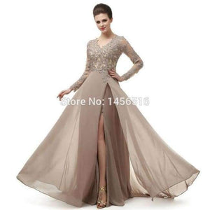 Planet Gates Khaki / 6 Long Sleeve A Line V Neck Chiffon Lace Beaded Long Evening Dresses 2018 Robe De Soiree Manche Longue 122416W