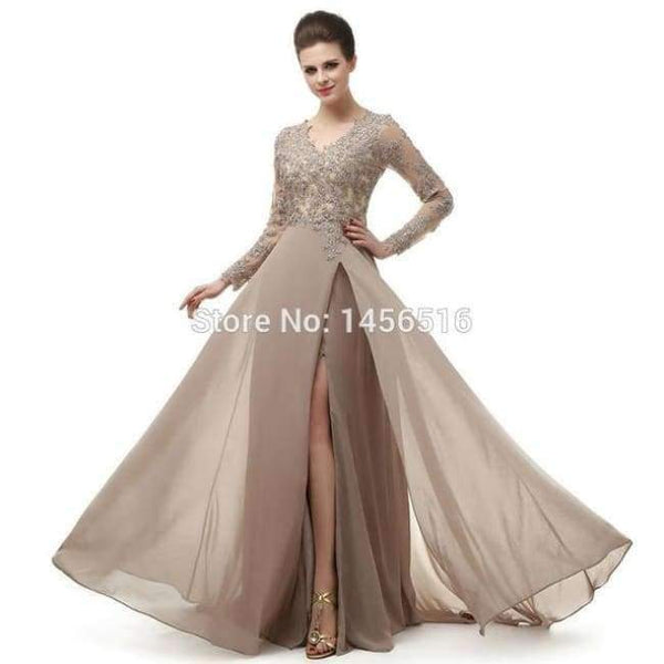 Planet Gates Khaki / 6 Long Sleeve A Line V Neck Chiffon Lace Beaded Long Evening Dresses 2018 Robe De Soiree Manche Longue 122416W