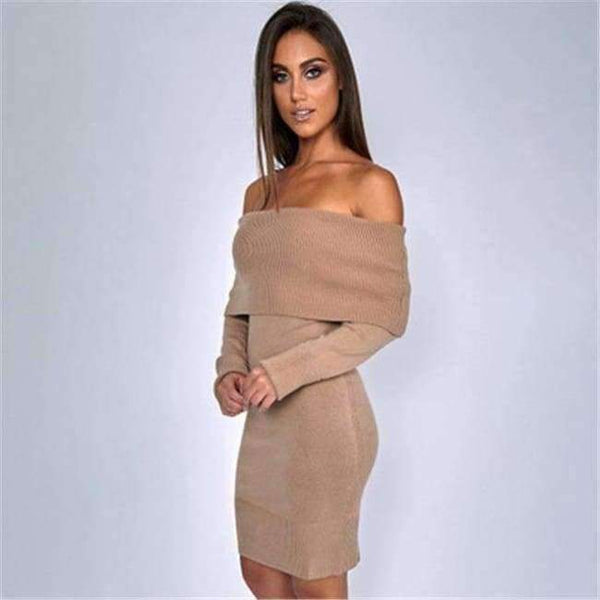 Planet Gates Khaki / China European And American Autumn And Winter Collar Collar Off-shoulder Sexy Slim Sweater Skirt Knitted Sweater Women