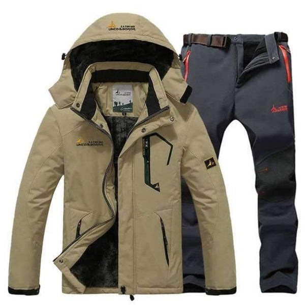 Planet Gates khaki grey pant / XL Winter Ski Jacket suits Men Waterproof Fleece Snow Jacket Thermal Coat Outdoor Mountain Skiing Snowboard Jacket Pant suits L-5XL