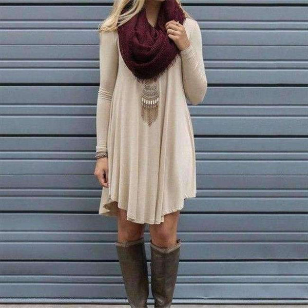 Planet Gates Khaki / L 2018 Autumn Casual Loose Knitting Dress Women Solid O-Neck Long Sleeve Asymmetrical Hem Comfortable Dress Plus Size