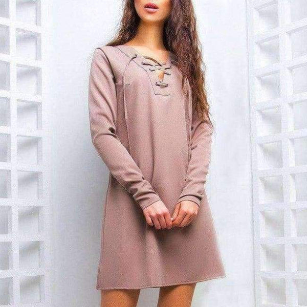 Planet Gates Khaki / L 2018 Autumn Fashion Criss Cross Dress Women Solid Colour V-Neck Lace-up Mini Dresses Long Sleeve Casual Dress Vestidos