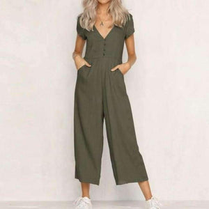Planet Gates Khaki / L / China Summer womens romper  V-Neck Short Sleeve Strappy Holiday Long Playsuits Trouser Jumpsuit mamelucos womens jumpsuit  x3067