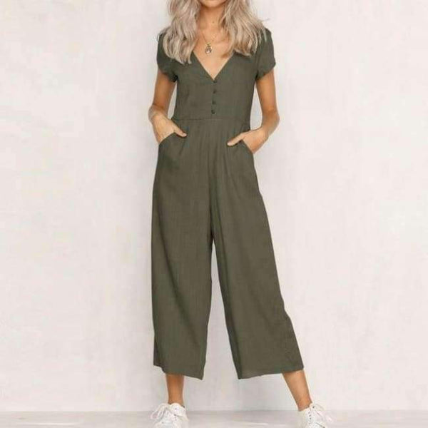 Planet Gates Khaki / L / China Summer womens romper  V-Neck Short Sleeve Strappy Holiday Long Playsuits Trouser Jumpsuit mamelucos womens jumpsuit  x3067