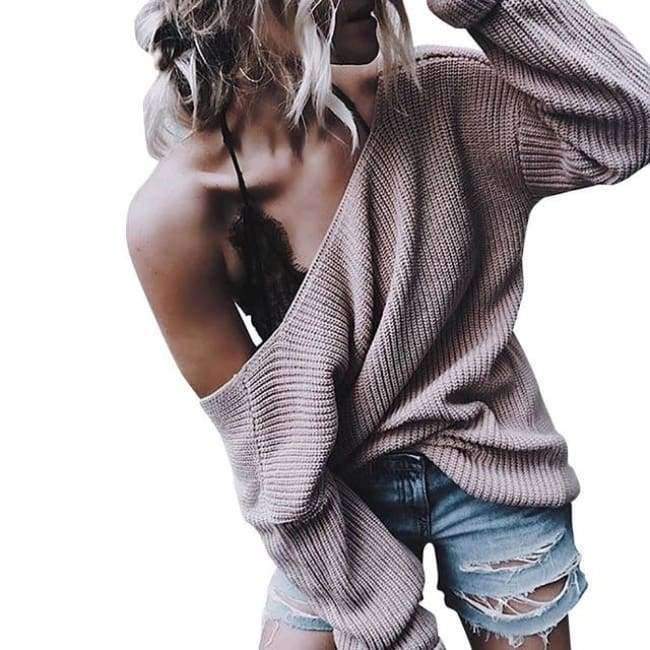 Planet Gates Gray / L Sexy Sweater Women Off Shoulder V Neck Fashion Pullovers Knitwear 2018 Autumn Solid Knitted Sweaters Mujer XL SWA1203