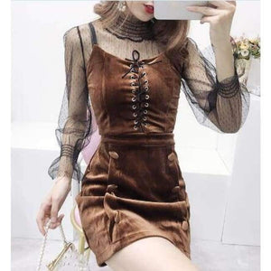 Planet Gates Khaki / M Sexy 3 Piece Sets European Mesh Blusa + Velvet Cami + Velvert Skirts Fashion Women Sets 2018 Autumn New