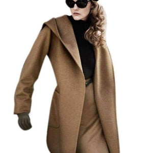 Planet Gates Khaki / One Size New Winter Women Wool Coat Long Sleeve Two Sides Wear Belted Loose Warm Woolen Jacket Hooded Outerwear H9