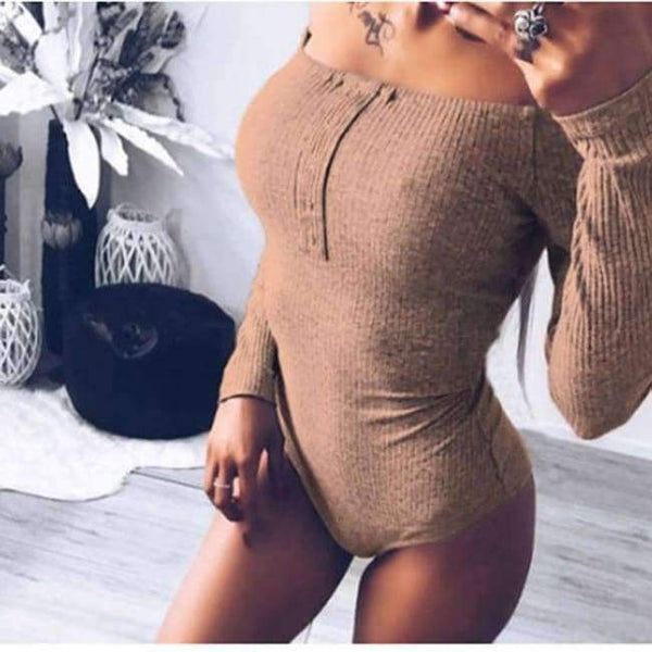 Planet Gates khaki / S Long Sleeve Bodycon Slash Neck Winter Jumpsuit Autumn Off Shoulder Bodysuits Women Body Feminino Mujer Sexy