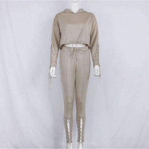 Planet Gates Khaki / S New Autumn Winter Two Pieces Set Women Workout Long Sleeve Suit Cotton Women Tracksuit Crop Top And Pants Set Lady