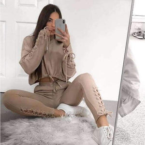 Planet Gates Khaki / S New Autumn Winter Two Pieces Set Women Workout Long Sleeve Suit Cotton Women Tracksuit Crop Top And Pants Set Lady